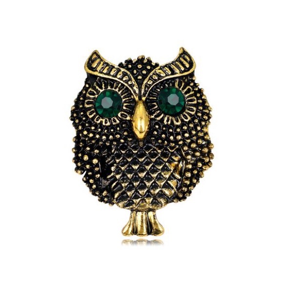 Jewelry - Antique Gold and Green Rhinestone Owl Brooch Pin